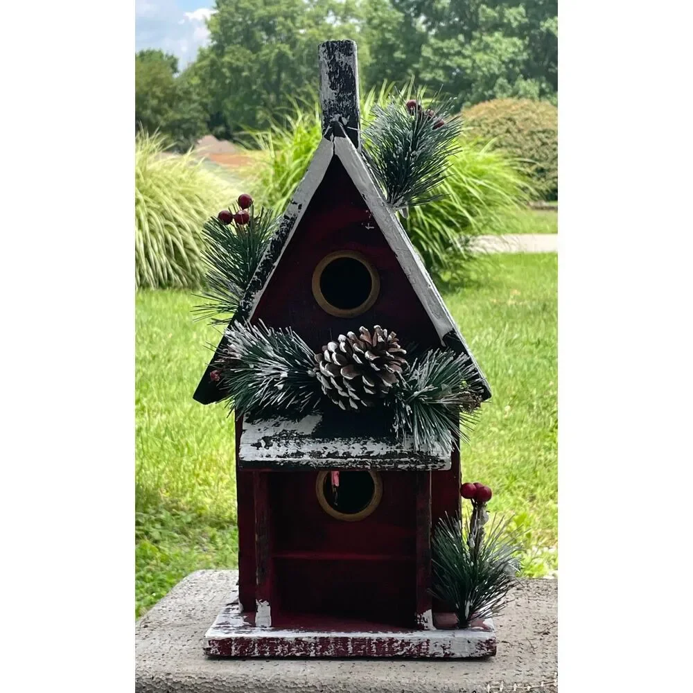 Rustic Wooden Christmas Birdhouse 2 Story Distressed Red Farmhouse Cabin Decor